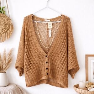 Mystree Tan Open-Knit Button Cardigan